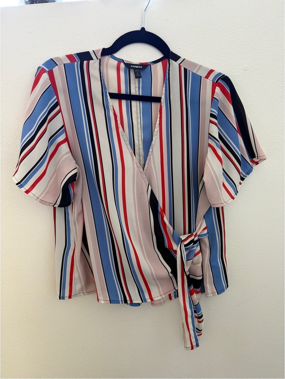 Express Striped Tie-Front Blouse in Pink, Blue & Red